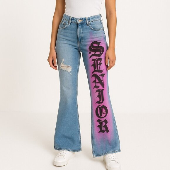 Hollister Jeans Womens Jrs 17S Flared High Rise Old School Graffiti Pink Senior - Picture 1 of 15
